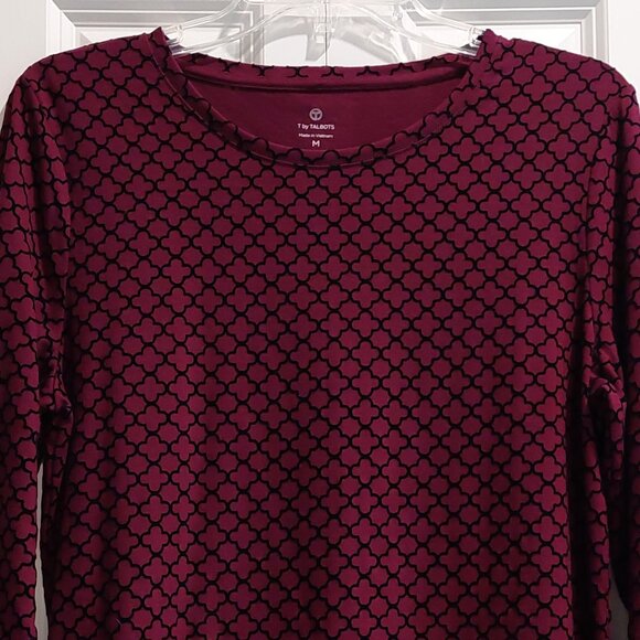 T by Talbots Maroon & Black Print Long Sleeve Blouse Women's Size M - Picture 2 of 8